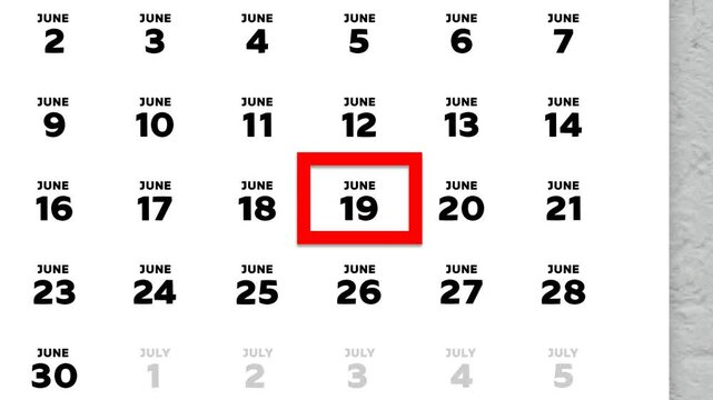 The date June 19th marked with a red cursor on the wall calendar 2026.
