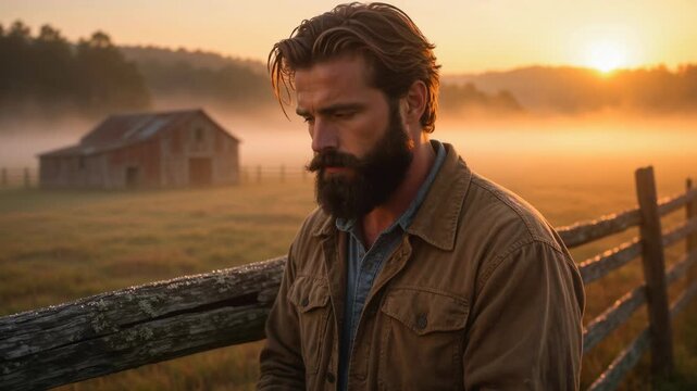 Rugged bearded man in weathered jacket standing pensively by rustic wooden fence outdoors