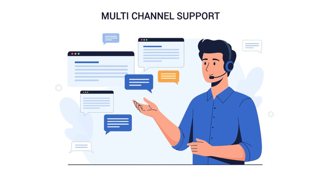 Customer service agent with headset, multi-channel communication, chatbots and support
