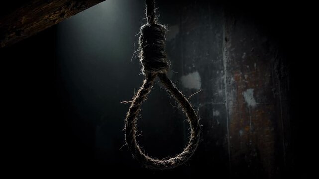 Dark suspenseful scene with noose hanging in dimly lit eerie room full of shadows