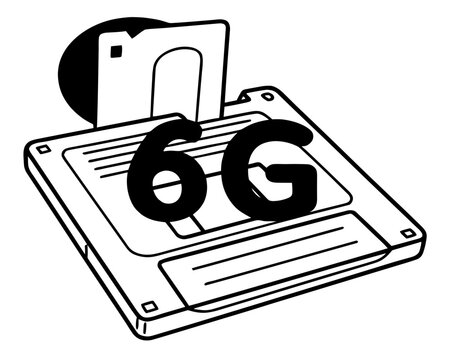 Future 6G Technology and Retro Storage Concept:
Minimalist black and white vector illustration featuring the text "6G" over a retro floppy disk. Creative design concept representing the evolution of d