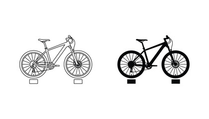 Modern mountain bike vector illustration in line art and solid black on stands representing adventure and outdoor sports © Vertex
