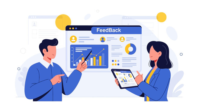 Business Feedback Analysis Meeting with Charts and Graphs