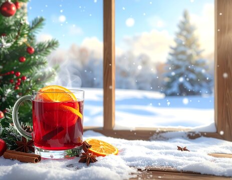Cozy winter drink by snowy window with tree