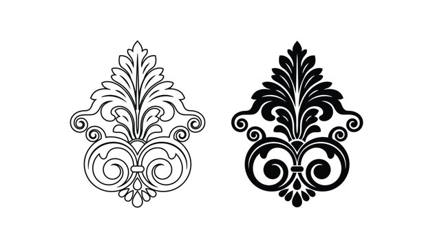 Ornate baroque scrollwork vector element in outline and solid black silhouette isolated on white background for decor