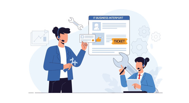 IT support illustration with help desk agents and repair tools