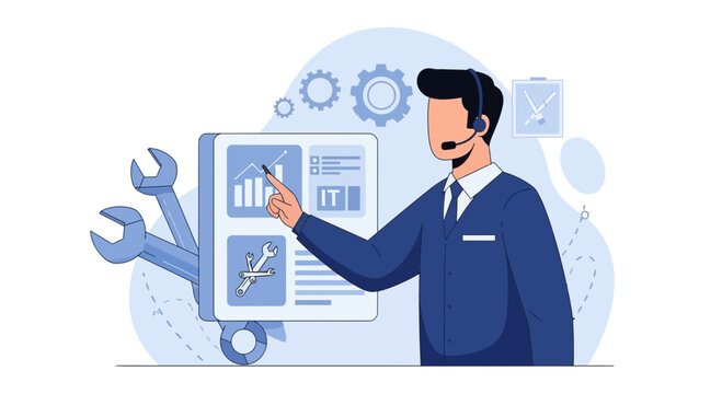 IT support specialist pointing at analytics chart and tools, gears background