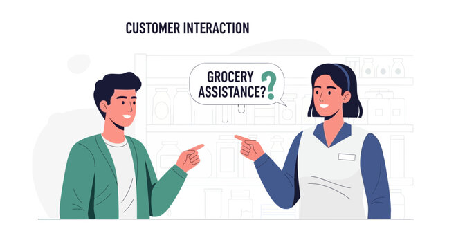 Customer getting grocery support from store employee, retail assistance concept