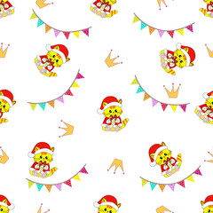 Fototapeta premium Adorable seamless Christmas pattern with cute cartoon cats, Santa hats, gifts, crowns, and festive bunting on pastel background. Perfect for nursery, fabric, wrapping paper, and kids designs.