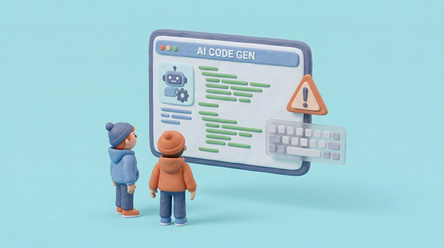Developers looking at ai code generation window with error warning in 3d style. Representing AI is automating coding jobs
