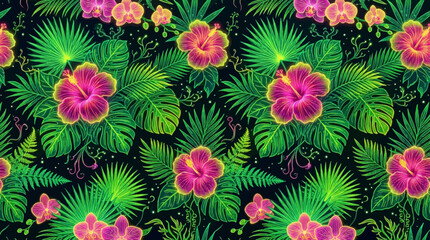 Vibrant tropical floral pattern with pink hibiscus and green leaves on black background © Nisitha