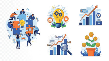 Naklejka premium Business strategy and finance concept with people working together on puzzle pieces and light bulb ideas on transparent background.