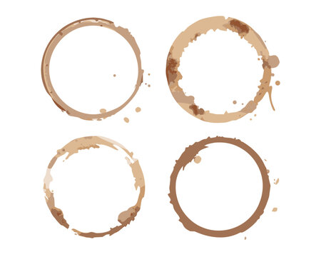Vector illustration featuring a collection of four different brown coffee or tea cup stains and splashes. Grungy circular textures representing caffeine addiction, morning break, cafe culture, and dir