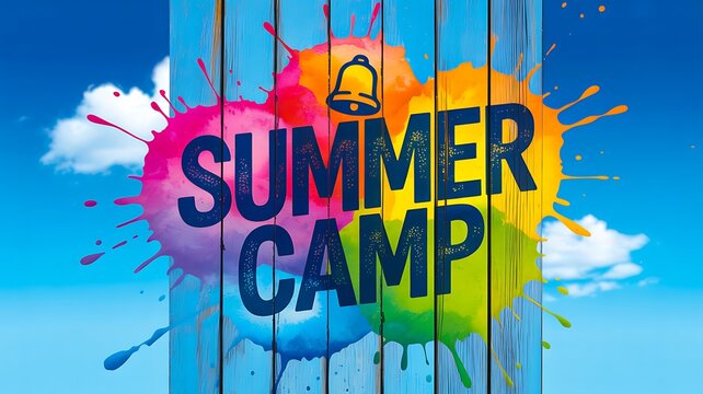 Colorful summer camp poster with paint splash and bright wooden background