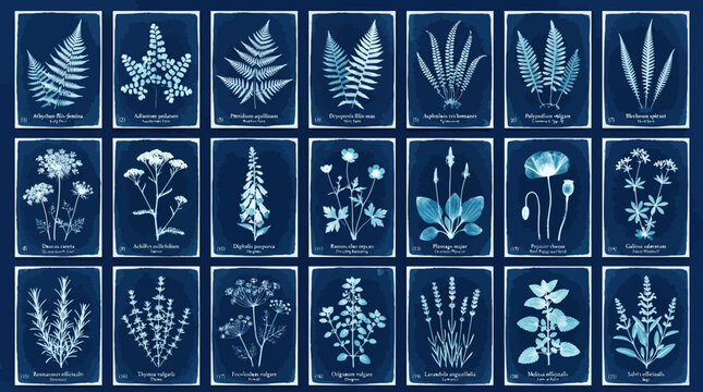 Collection of various botanical cyanotype prints with white outlines on dark blue background