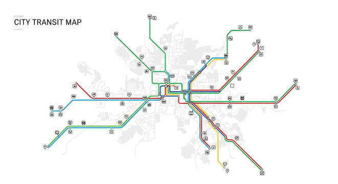 Generic city transit map with colorful subway and metro lines