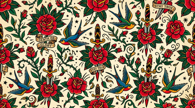 Vibrant tattoo art seamless pattern with roses birds swords