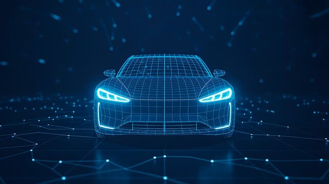 Futuristic glowing digital car wireframe with autonomous vehicle background