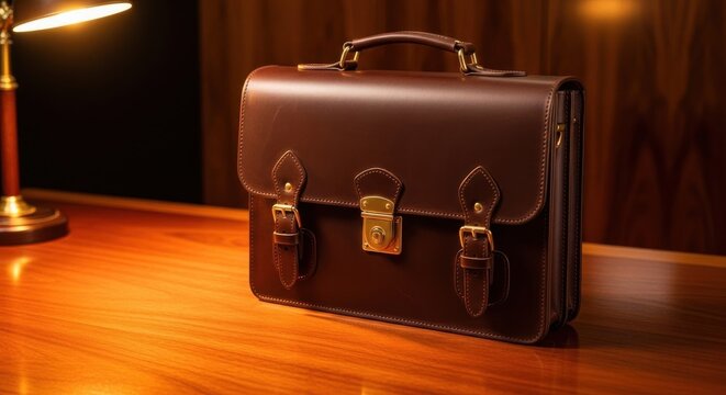 Classic Brown Leather Briefcase on Wooden Surface