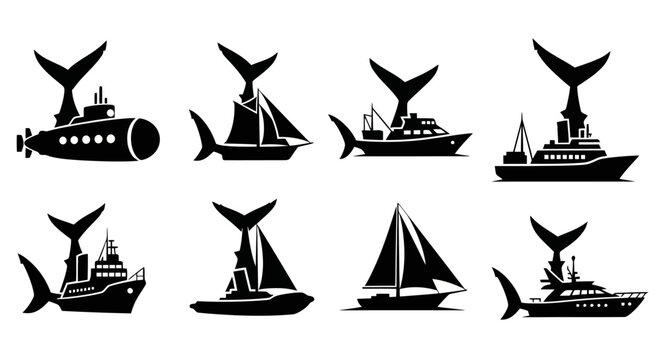 Black silhouette icons of various boats and ships with whale tails.