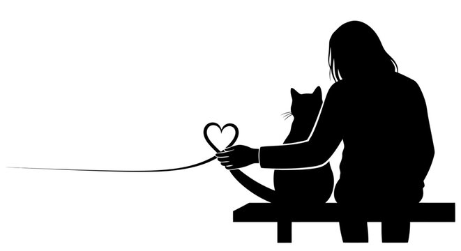 Woman sitting with a cat on a leash.