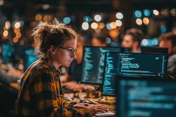 Fototapeta premium Female programmer with glasses typing on keyboard in a modern workspace, multiple computer screens displaying code and blurred colleagues in the background