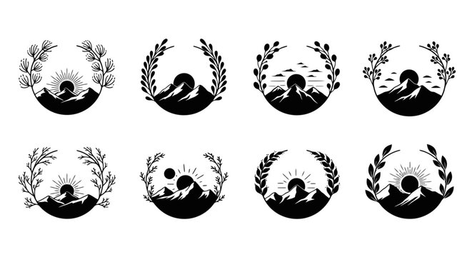 Collection of black and white circular emblems with swans and laurel wreaths.