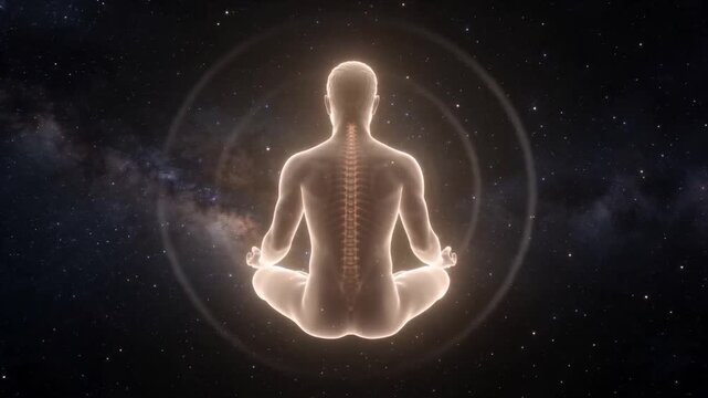 Meditating Human Figure with Visible Spine and Glowing Aura in Cosmic Setting.