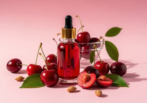 Glass dropper bottle with red serum surrounded by fresh cherries and pits on a pink background