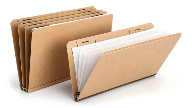 Brown file folders with white paper standing on white background office organization supplies