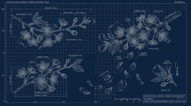 Architectural botany cherry blossom study blueprint