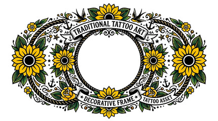 Traditional tattoo art decorative frame with sunflowers and anchors © Nisitha