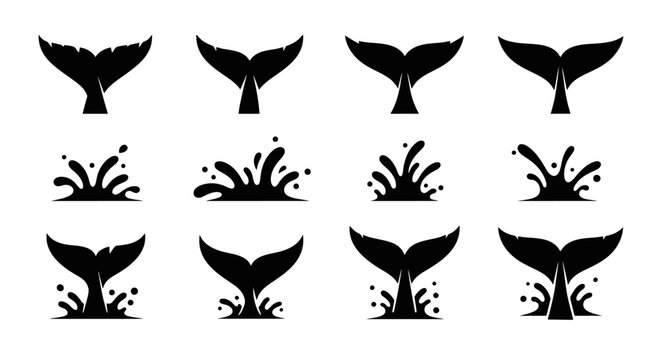 Collection of whale tail silhouettes with water splashes.