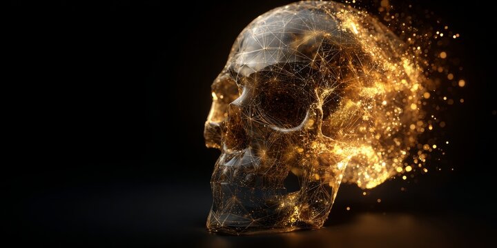 Abstract representation of a human skull with glowing particles and intricate geometric patterns against a dark background