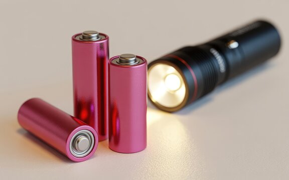 Bright rechargeable batteries powering a high lumen flashlight on a light surface