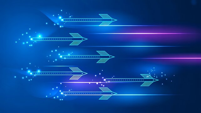 Glowing futuristic arrows with digital speed effect and technology background