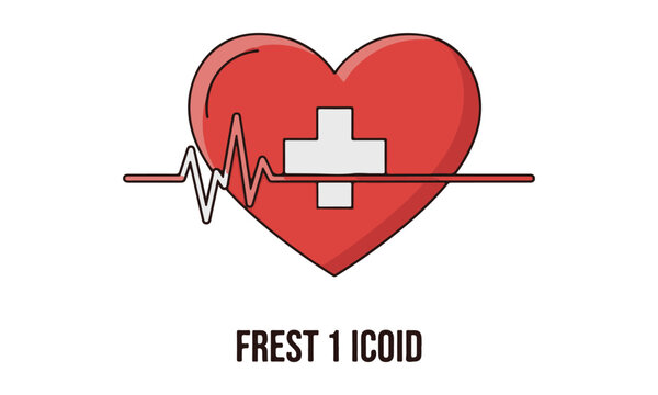 Red Heart with Medical Cross and ECG Heartbeat Line Vector Illustration with Text 'FREST 1 ICOID', isolated