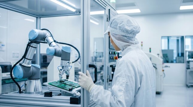 Factory technician operating automated robotic arm in cleanroom precision electronic circuit board manufacturing industry high technology assembly line production equipment