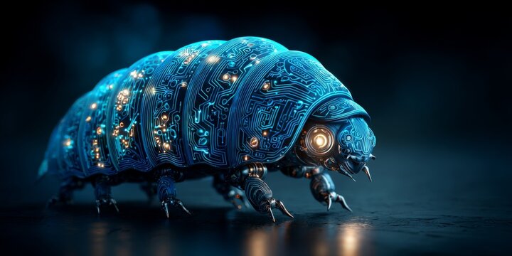 Futuristic Robotic Tardigrade with Glowing Circuit Patterns in a Dark Environment