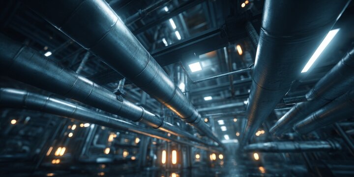 Intricate Network of Industrial Pipes with Detailed Textures and Atmospheric Lighting in a Machinery Environment