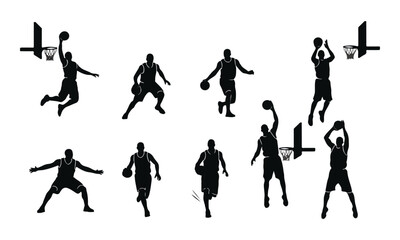 Fototapeta premium Set of Black Basketball Player Silhouettes Vector Graphic Isolated on White