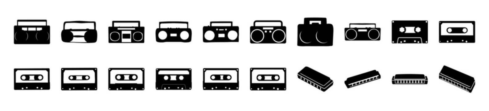 Assorted vintage cassette tapes and accessories icons - Flat line icons of classic cassette tapes, walkmans, and related tech in black and white style for retro designs or media collections.