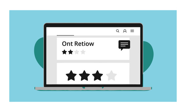 Minimalist Flat Design Laptop Vector showing Online Customer Reviews, Star Ratings and 'Ont Retiow' Text