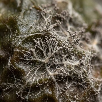Mold growth expands across a decaying organic surface with intricate white mycelium structures and tiny spherical sporangia visible under soft natural lighting.