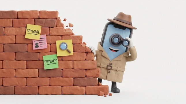 Cartoon smartphone character spying with binoculars