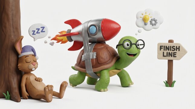 Fast tortoise with rocket booster passing hare