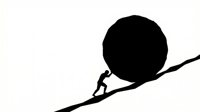 Black silhouette of a person struggling to push a heavy boulder up a hill