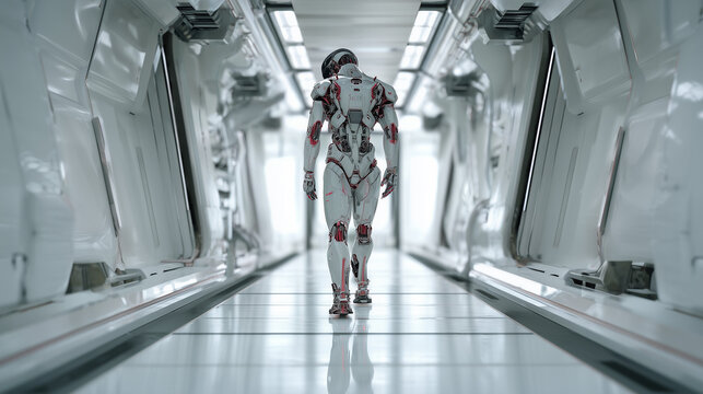 Lone Figure in Futuristic Corridor: A solitary figure, clad in advanced robotic attire, strides purposefully down a futuristic, minimalist corridor, a symbol of isolation and the unknown.