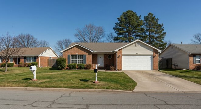 A suburban house with a brick exterior and attached garage sits on a manicured lawn along a quiet neighborhood street on a sunny day.