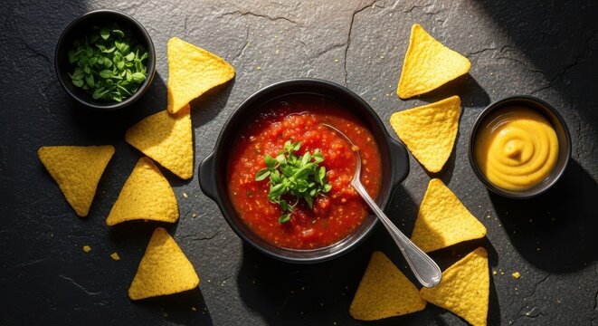 Bowl of tomato salsa with tortilla chips and a side of cheese sauce